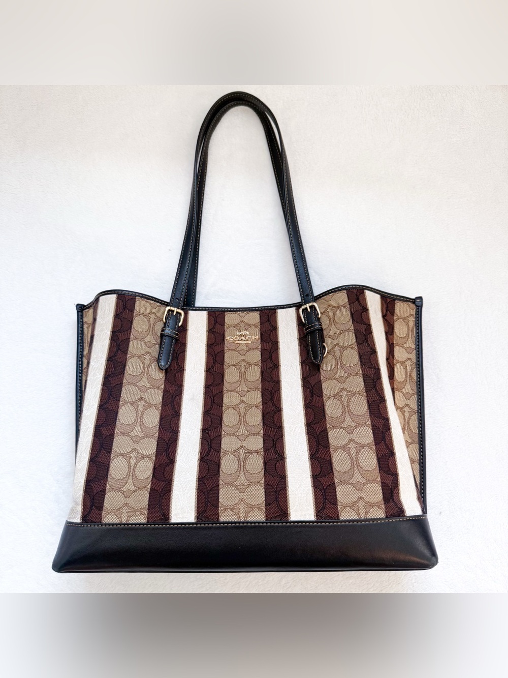 Coach Large Mollie Tote in Signature Jacquard Stripe Brown/Tan C4088 GUC